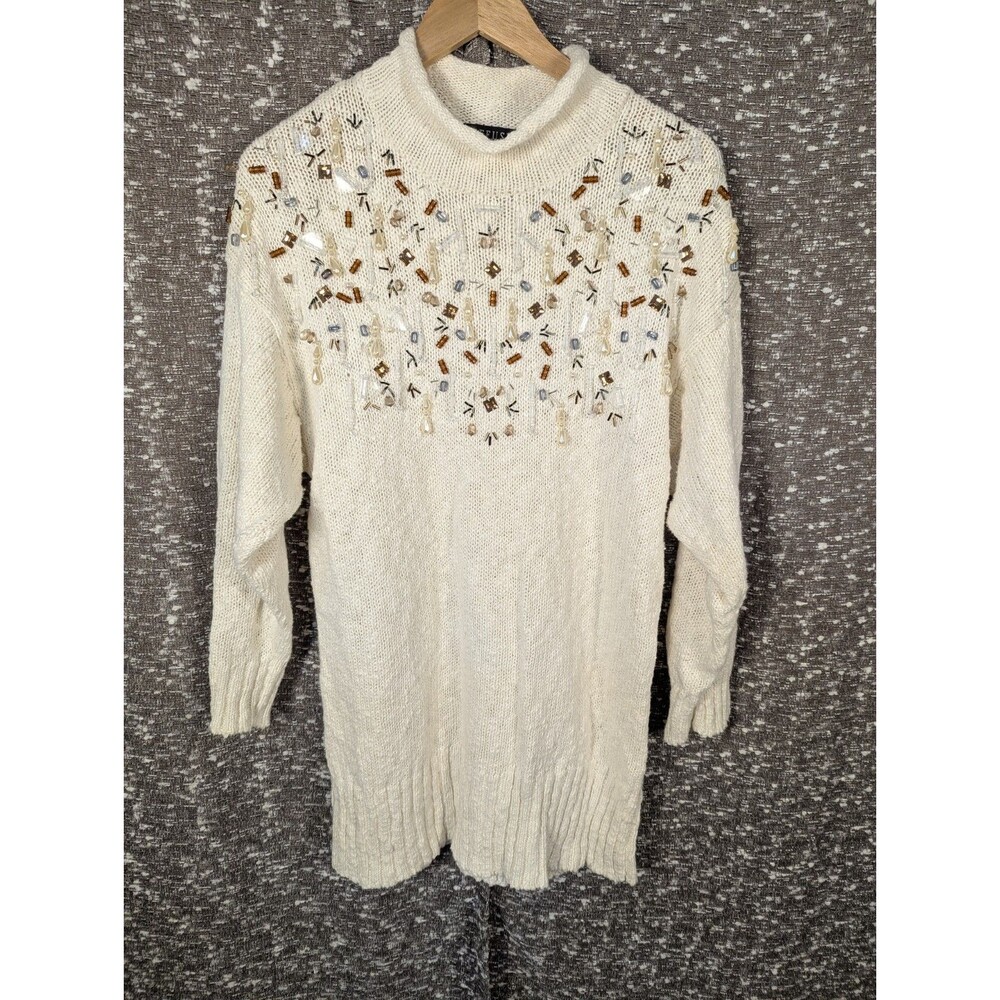 IB‎ Diffusion Vintage Dressy Beaded Embellished White Knit Tunic Sweater Size M